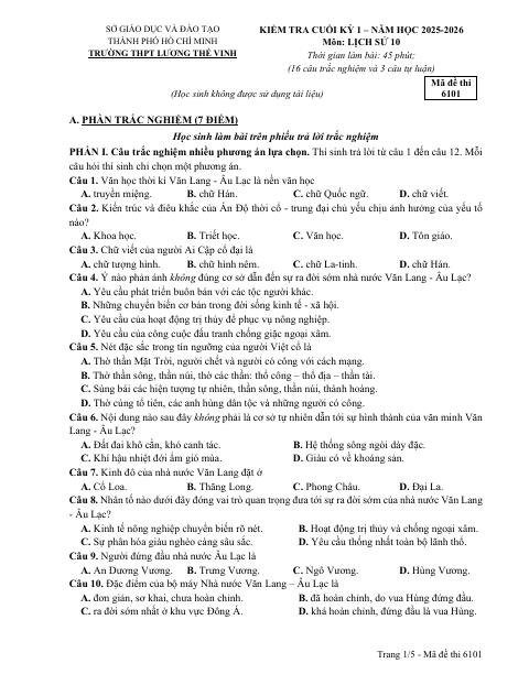 Đề thi Học kì 1 Lịch sử 10 năm 2025-2026 trường THPT Lương Thế Vinh (TP Hồ Chí Minh)